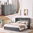 Homnso Murphy Bed Queen,Pine Wood Murphy Bed Cabinet with Tri-Folding Mattress,Storage Drawer with 14pcs Auxiliary Wheel & USB Charging Station for Living Room Apartment (Grey 3#)