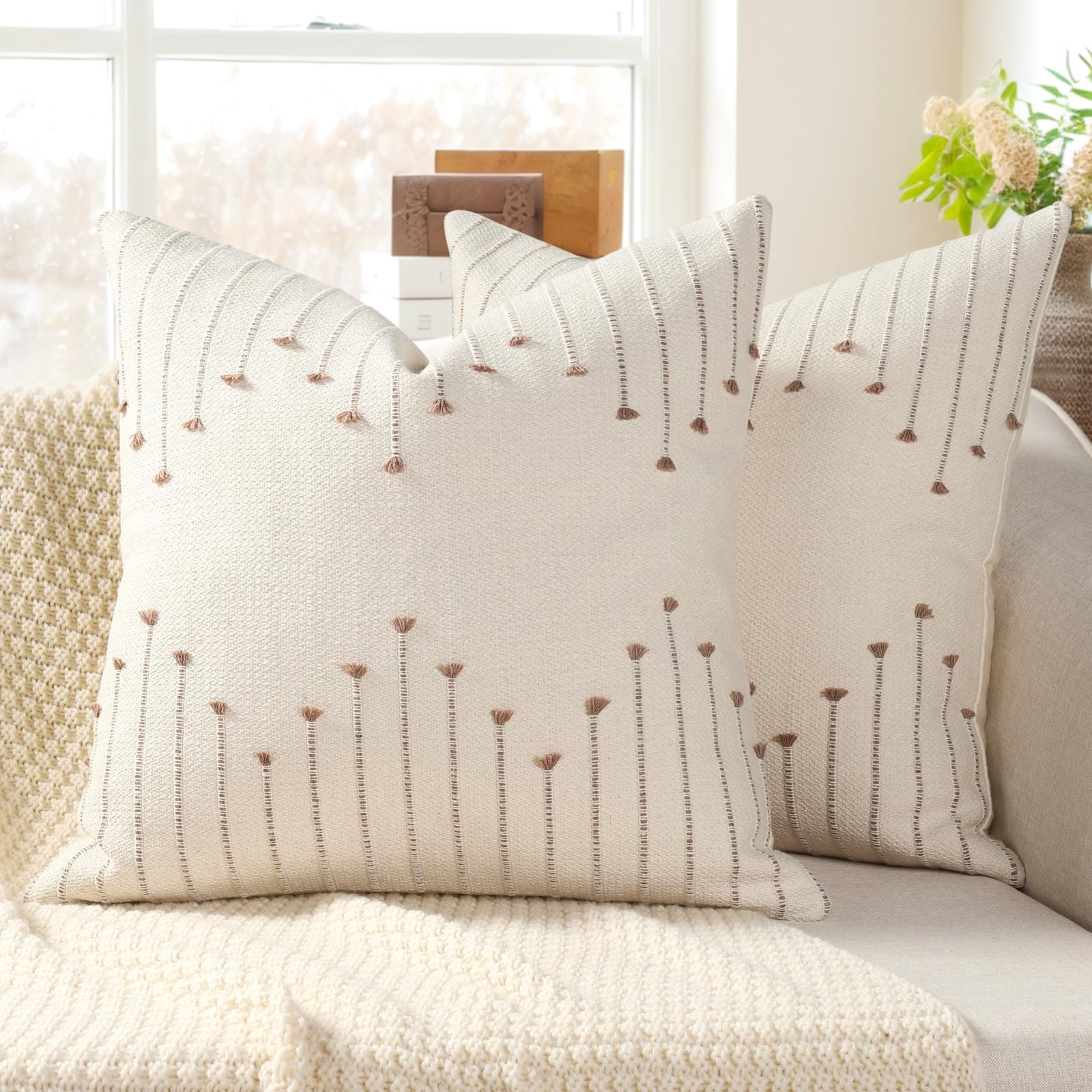 Photo 1 of YCOLL Boho Throw Pillow Covers 18x18 Set of 2 Neutral Woven Decorative Pillowcases Cotton Tufted Couch Pillows Modern Farmhouse Accent Cushion Covers for Sofa Couch Bed Living Room Home Decor, Khaki