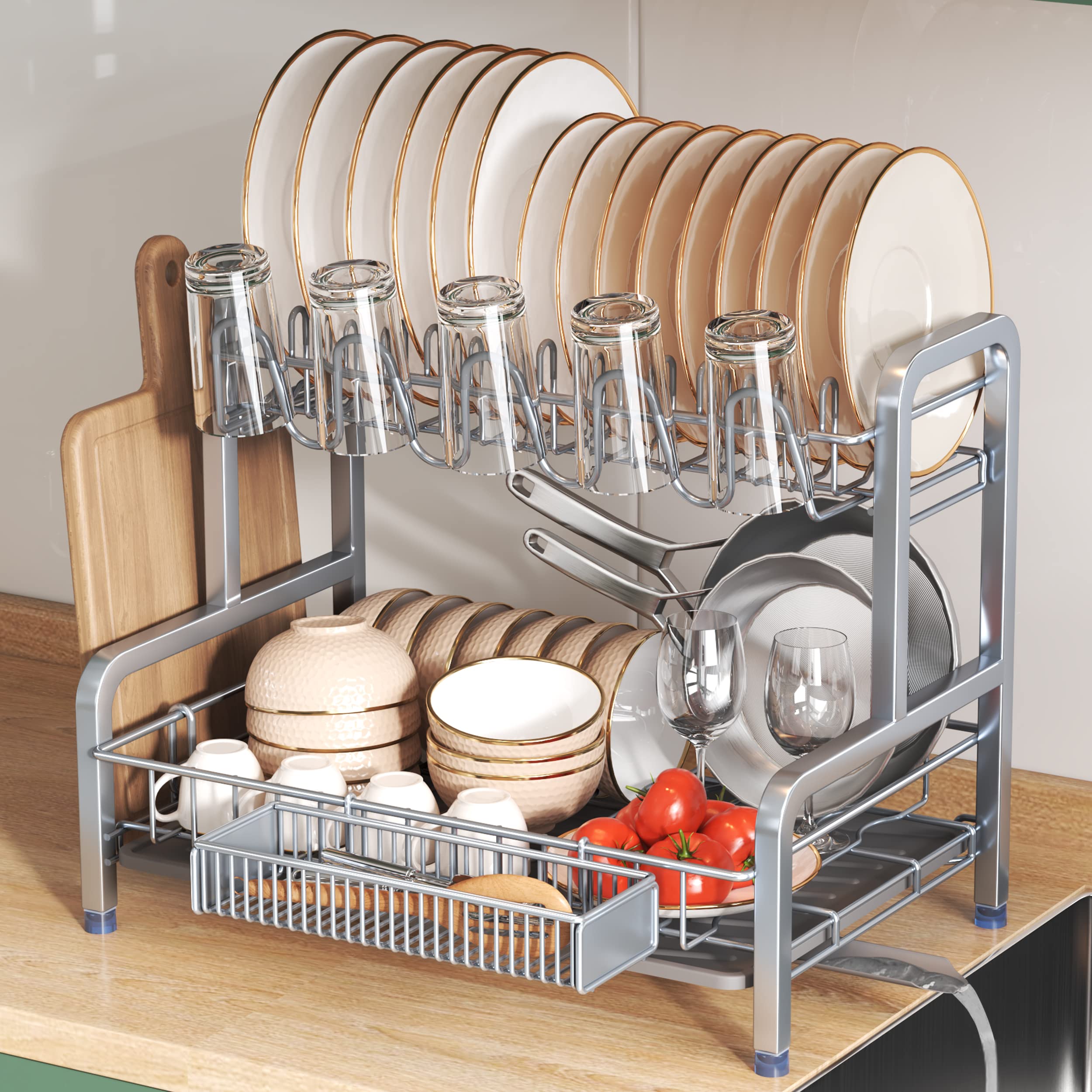 Photo 1 of 2 Tier Dish Drainers Drying Rack for Kitchen Counter Large Stainless Steel Dishes Drain with Drainboard, Space Saving, Big Modern Silver Countertop Metal Plates Dryer Strainer Holder and Extra Tray