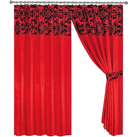 Half Flock Damask Pencil Pleat Curtains 90 X90 228x228cm Red