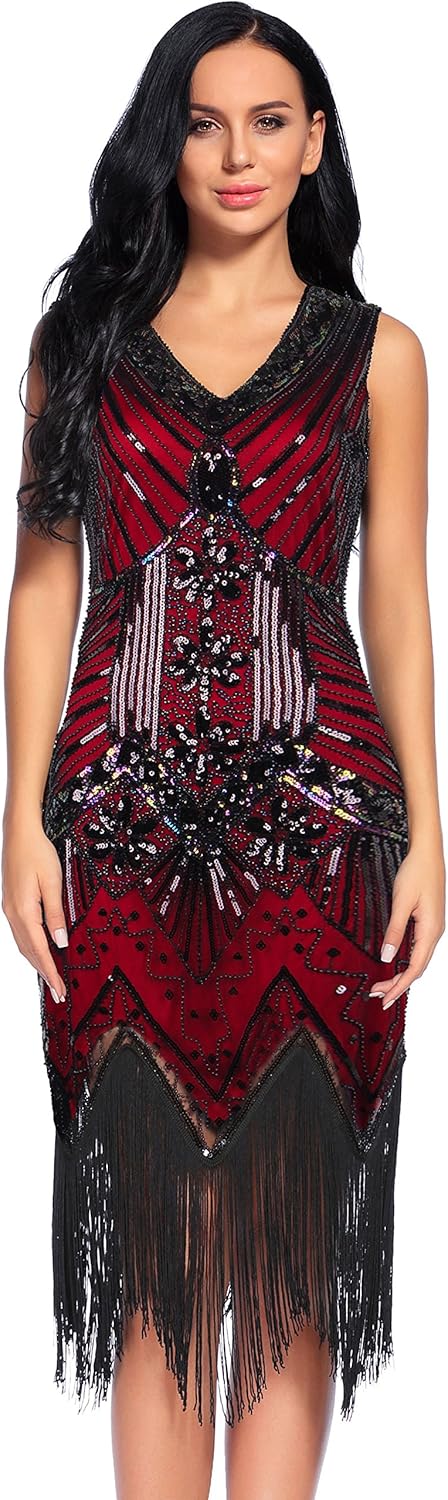 NeeMee Women's 1920s Gastby Sequin Embellished Fringed Flapper Dress