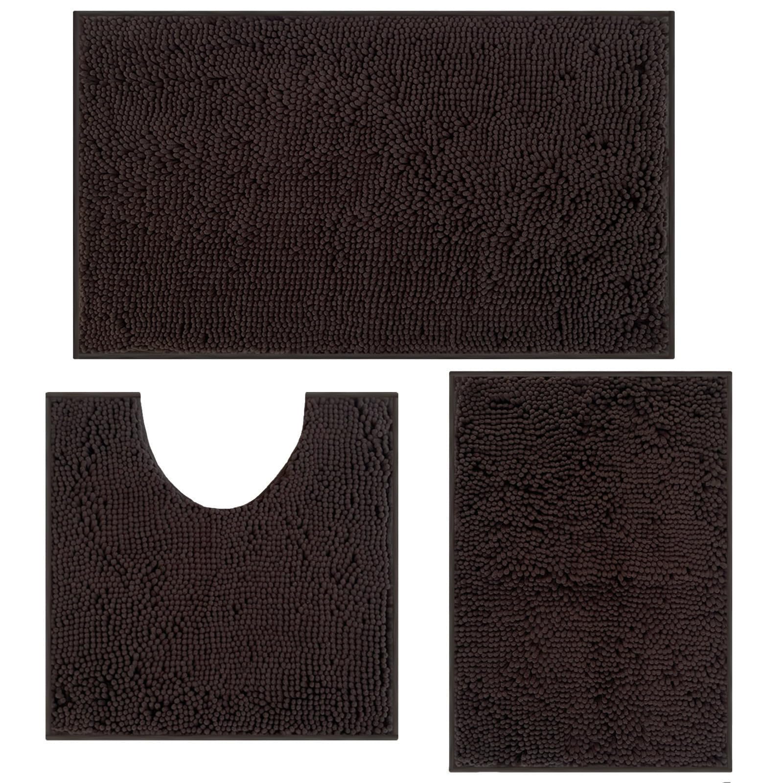 RUN HELIX Ultra Soft Chenille Bath Mat Non Slip, Bath Mat Set 3 Piece, Shaggy Bathroom Mats, Absorbent Bath Mats for Bathroom, Fluffy Bathrooms Mat Set with U-Shaped Toilet Rug (Dark Brown)