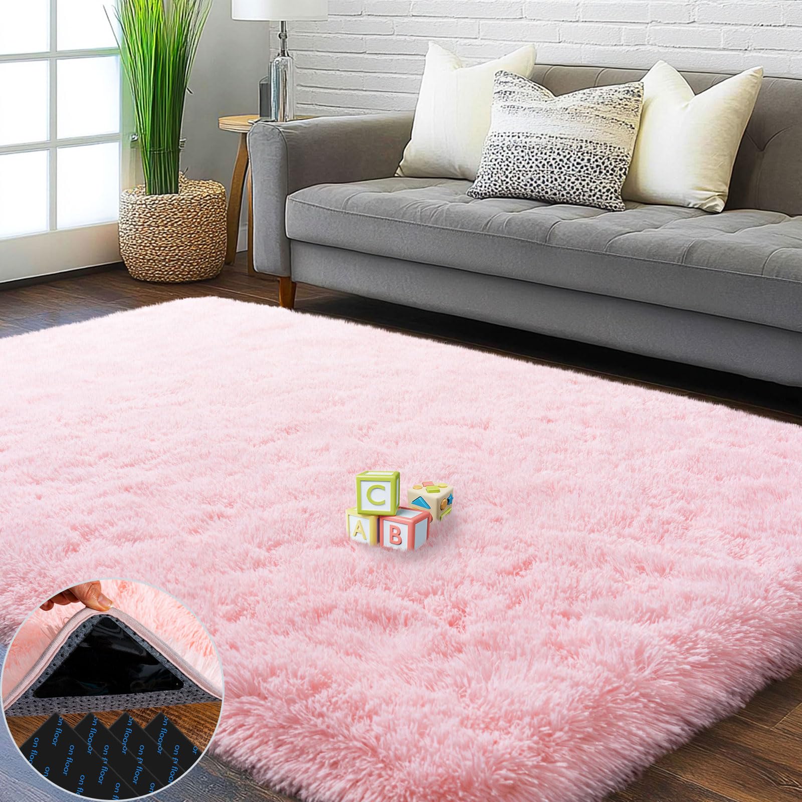 Photo 1 of AAFKK Pink Area Rug for Bedroom, 4x6 Rugs for Living Room Nursery Kids Room Dorm Home Décor Aesthetic, Fluffy Shaggy Rug with 4 Anti-Slip Carpet Tapes