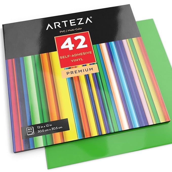 ARTEZA Selbstklebende Vinyl-Folie | 12 x 12 Zoll (30.4 cm x 30.4cm) Blattgröße | Set mit 42 Klebefolie in Verschiedenen Farbe