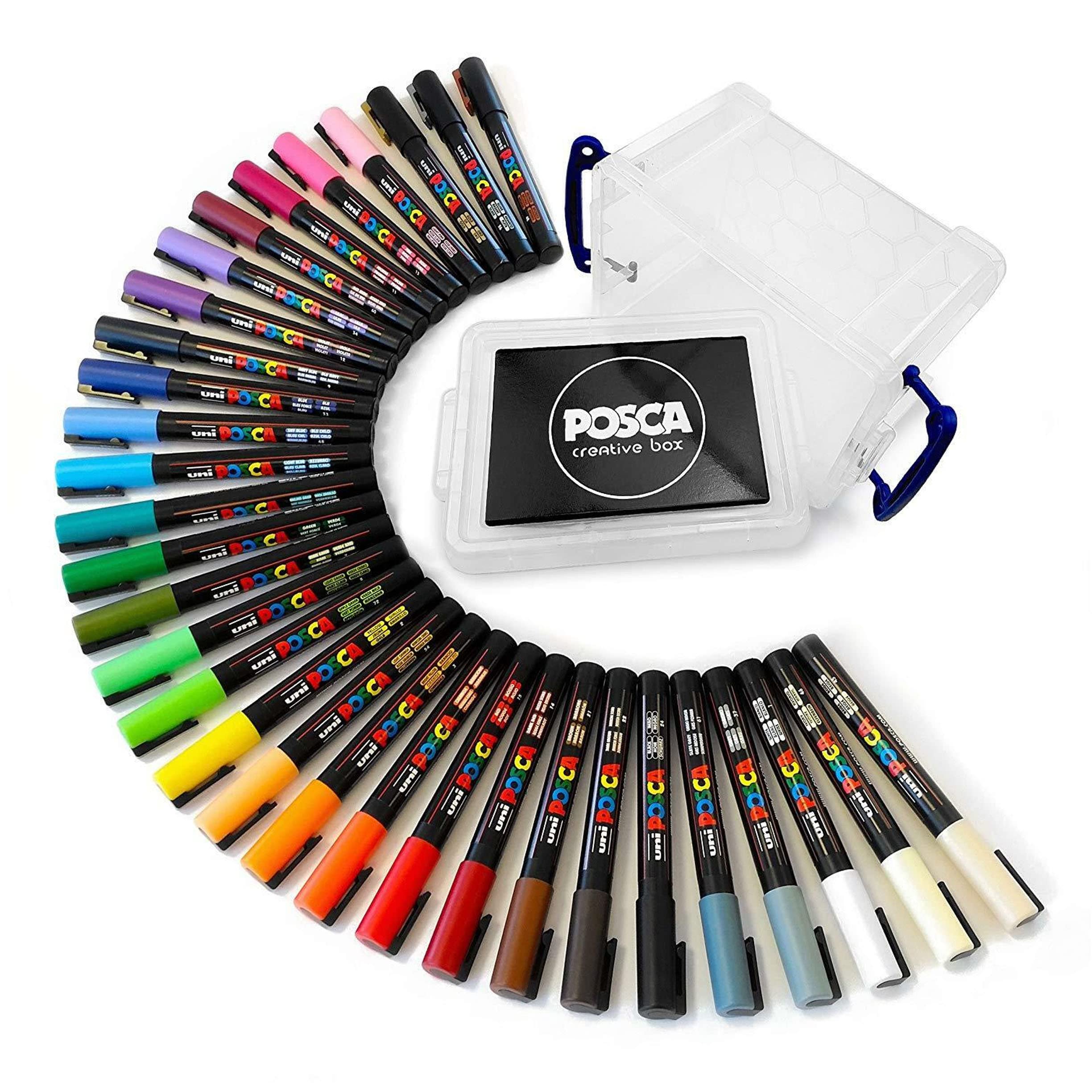 Posca Water Based Permanent Maker Paint Pen - Multi Surface Use - PC-3M 0.9-1.3mm Nib - Set of 32 Pens in a Clear Plastic Tub