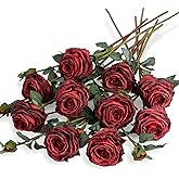 XONOR Artificial Rose Flowers Realistic Silk Burnt Edge Vintage Rose with Long Stem for Home Bridal Wedding Party Floral Bouquets Decoration (10Pcs, Red)
