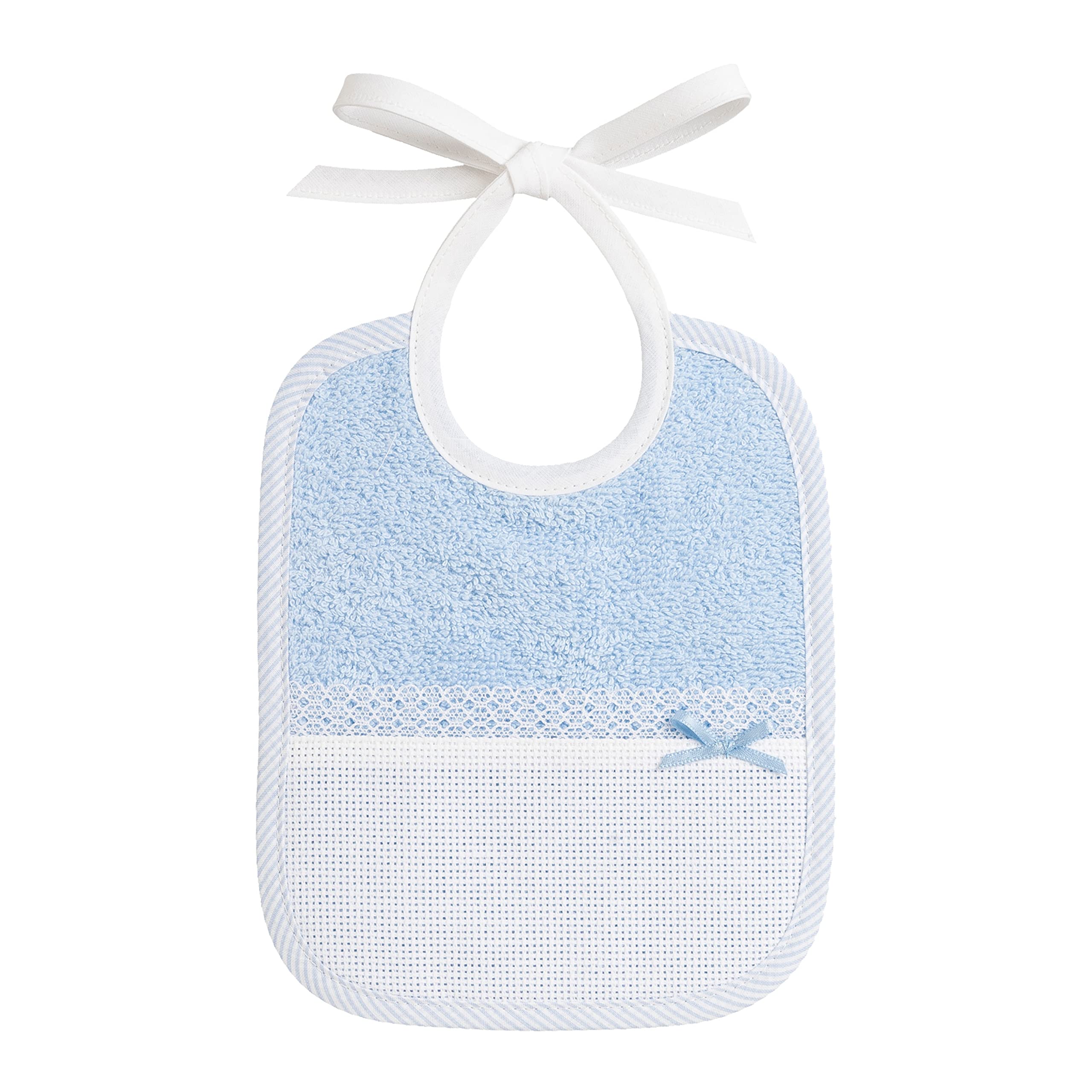 FILET - Coloured Terry Cloth Bib, Entirely Handmade with Aida Pocket for Embroidery, Ideal for Newborns and Infants, 100% Made in Italy, White and Light Blue, Measures 18x21