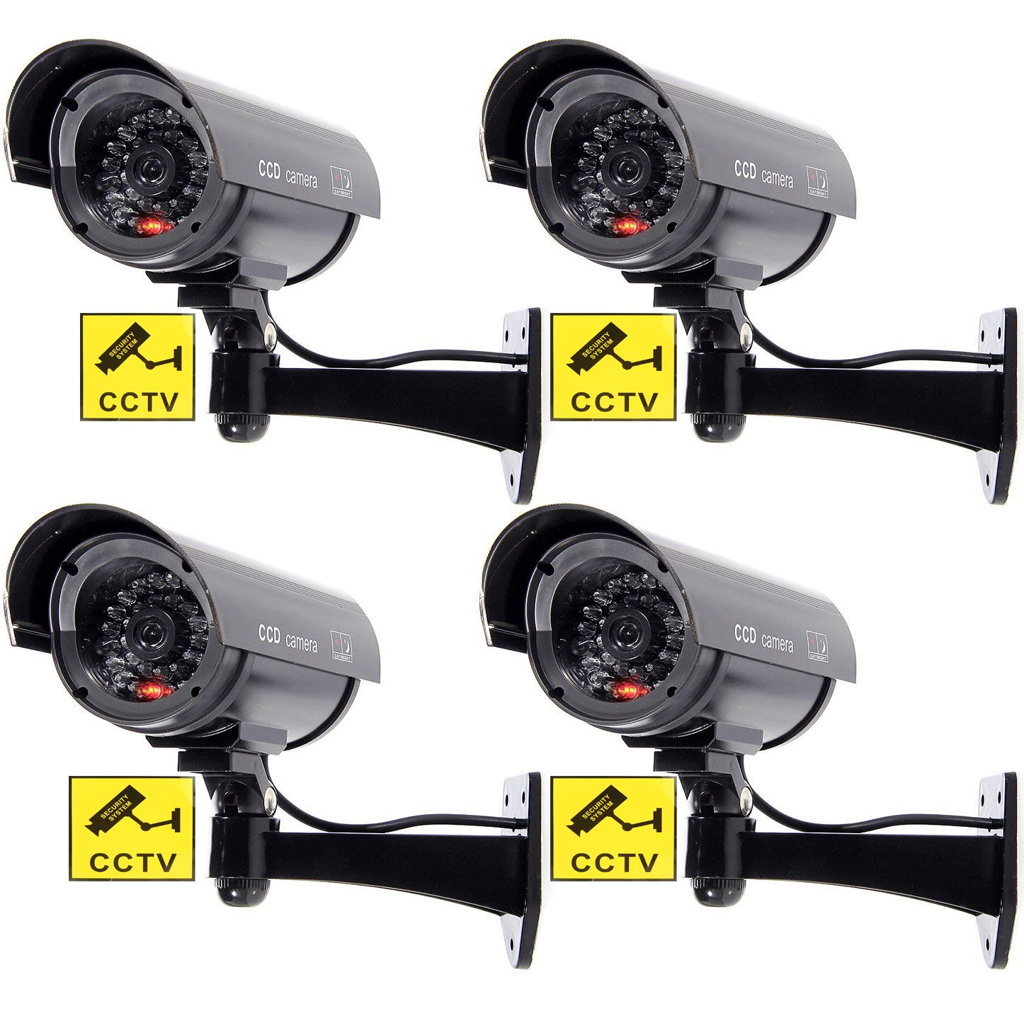 BW 4pcs Outdoor Indoor Fake Dummy Imitation CCTV Security Camera W/Blinking Flashing Light Bullet Shape Black