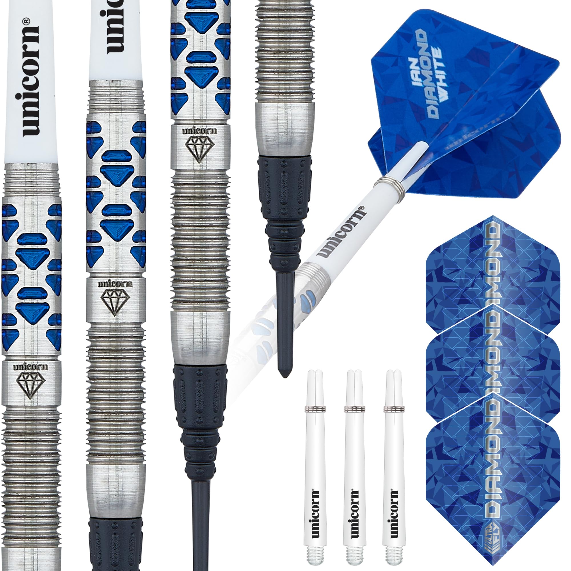 ‎Unicorn Darts Set | Ian 'Diamond' White Maestro Phase 2 | 70% Natural Tungsten Barrels with Blue Diamond Accents | Epic Soft Tips | 18 g