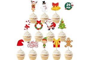 QZYL 24 Pcs Christmas Cupcake Toppers, Xmas Cake Decorations Toothpicks with Santa Claus Snowman Bells Gingerbread Designs, Christmas Cake Topper Picks for New Year Holiday Party Decorations Supplies