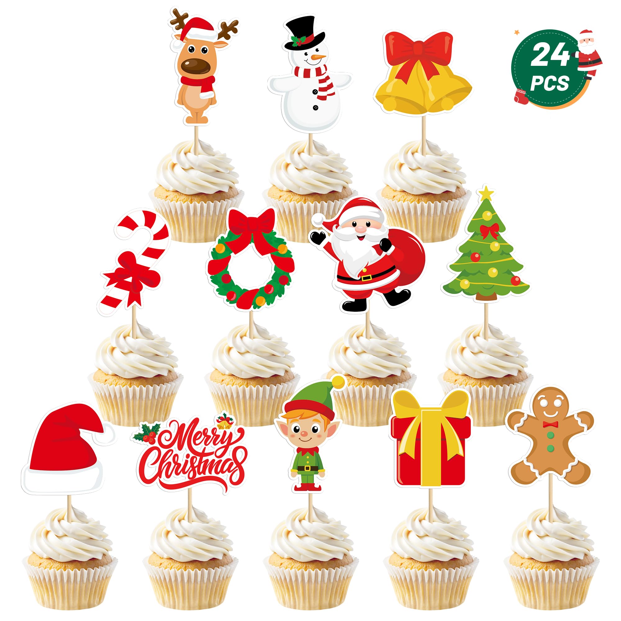 Photo 1 of 24 Pcs Christmas Cupcake Toppers, Xmas Cake Decorations Toothpicks with Santa Claus Snowman Bells Gingerbread Designs, Christmas Cake Topper Picks for New Year Holiday Party Decorations Supplies