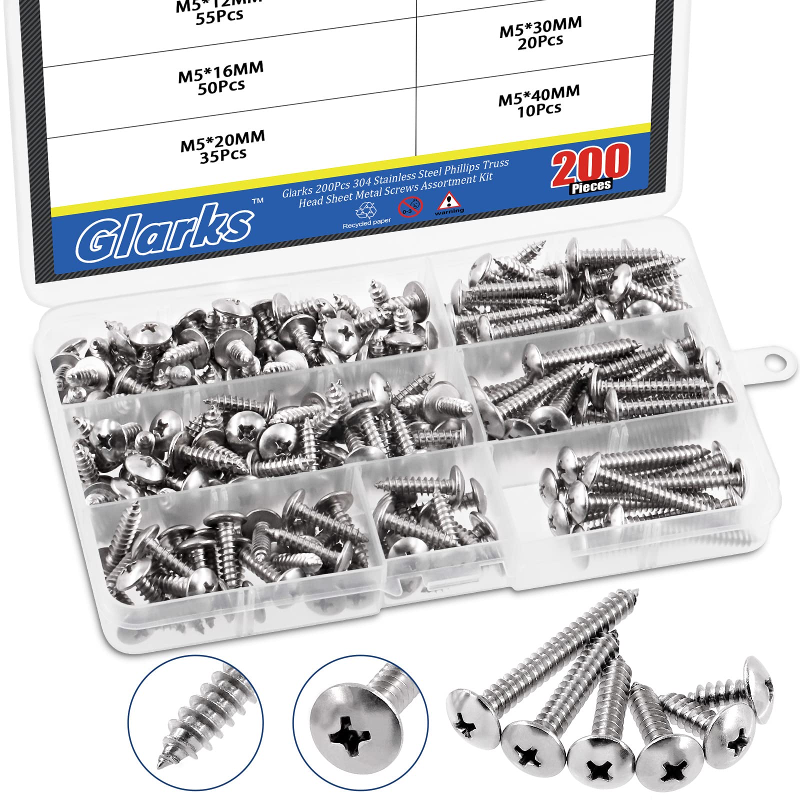 Glarks 200Pcs M5 x 12mm/16mm/20mm/25mm/30mm/40mm 304 Stainless Steel Phillips Truss Head Sheet Metal Tek Screws Assortment Kit, 6 Size Metric Pan Head Self Tapping Wood Screws Set