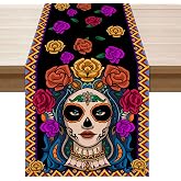 XCHI Day of The Dead Sugar Skull Table Runner for Table Decor 13x72 Inch | Roses Flowers Dia De Los Muertos Mexican Home Decorations for Kitchen Dining Dinner Indoor Holiday Party Farmhouse