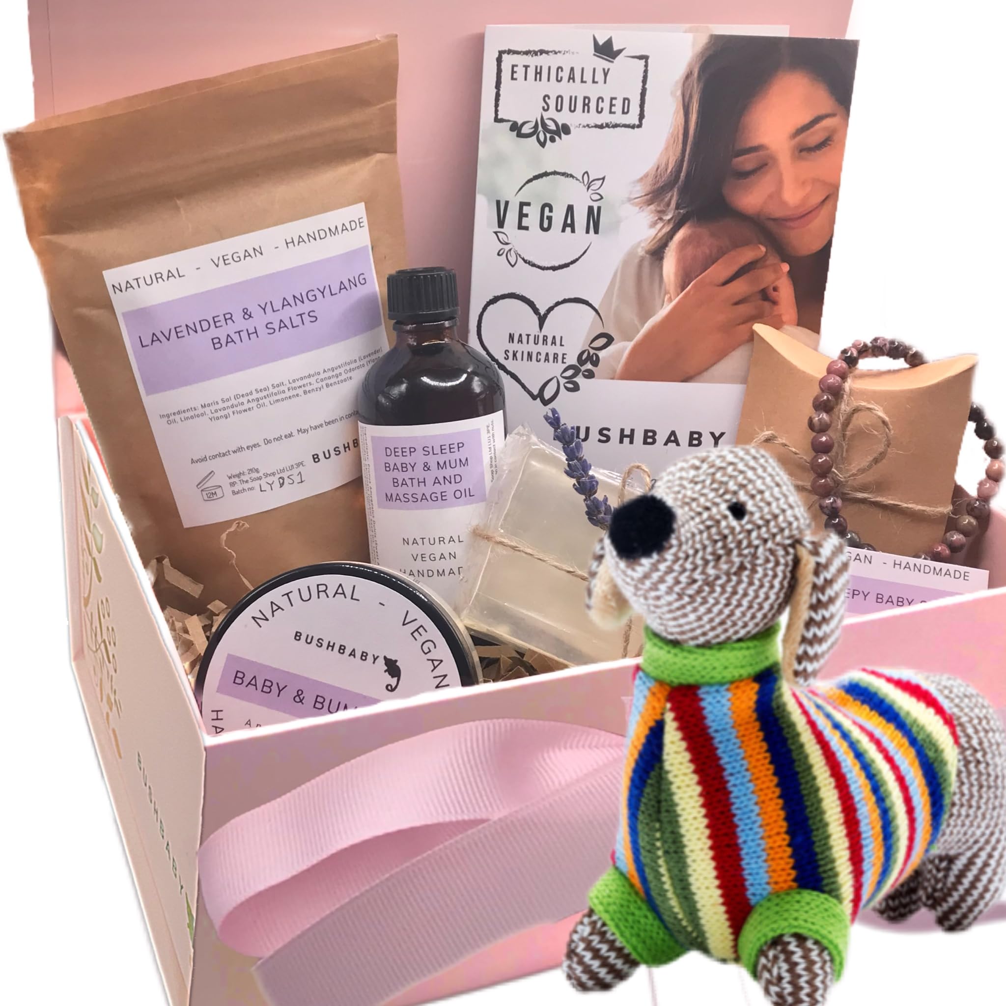 BUSHBABY Natural Vegan Mum and Baby Pamper Kit, Ethically Sourced Pregnancy Gifts for Mum Expecting, New Mummy to be Shower Gift Hamper, Mom Maternity Newborn Essentials Present Bundle (Sausage Dog)