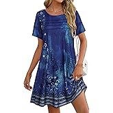 elescat Sundress for Women Casual Loose Summer Short Sleeve Pleated Front Crew Neck T Shirt Dress with Pockets