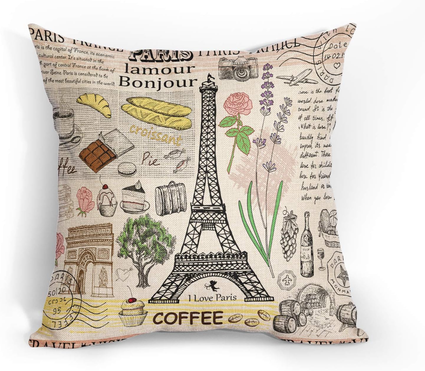 DZGlobal Eiffel Tower Throw Pillows Cover Paris Pillow Case Decoration Home Decor Cushion Case Farmhouse and Sofa Couch Cotton Linen 18