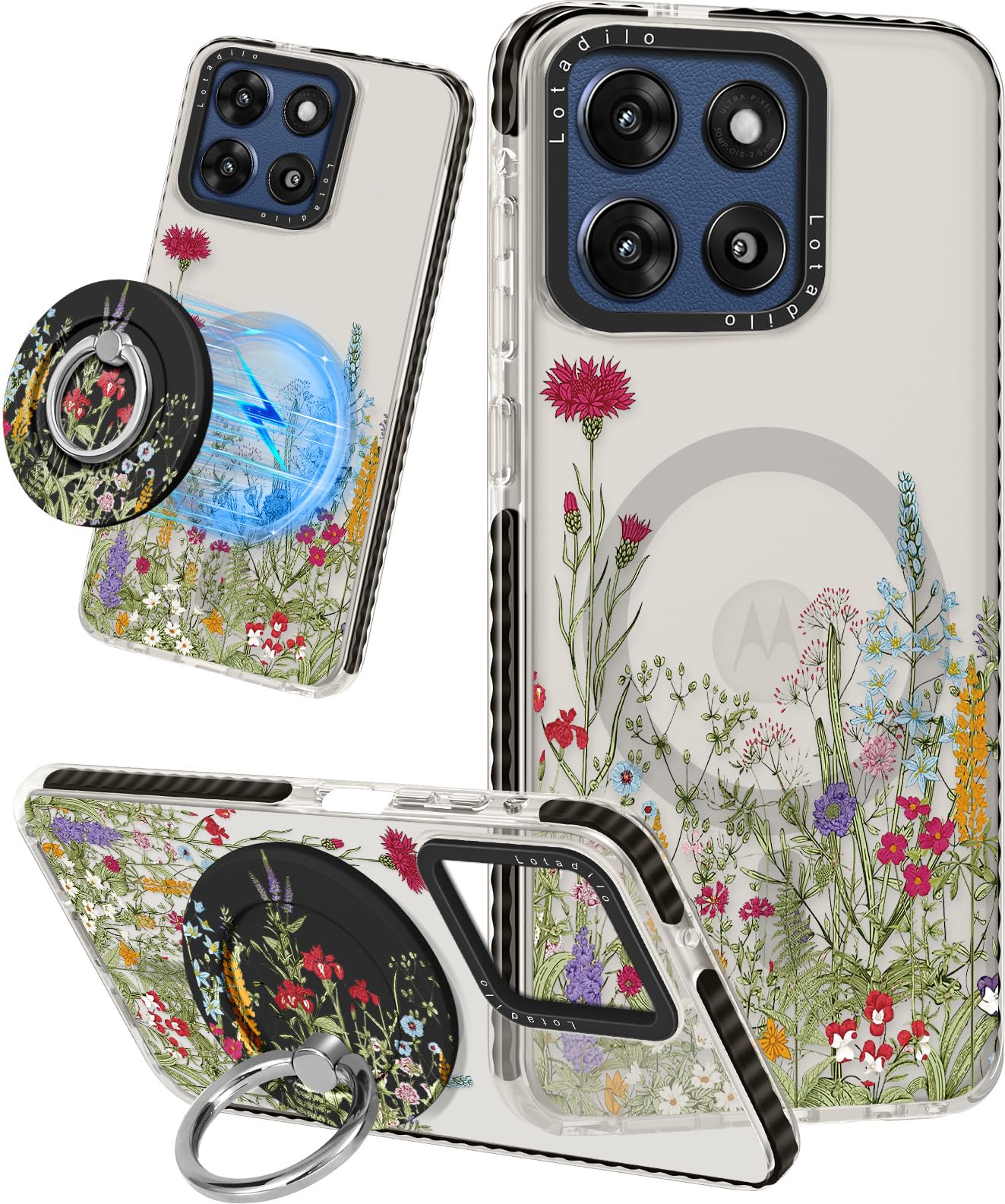 Lotadilo Cute Case for Moto G Stylus 5G 2025 for Women Girls - Funny Wild Floral Design Compatible with Magsafe Ring Holder Magnetic Stand Kickstand Fashion TPU Phone Covers Kawaii