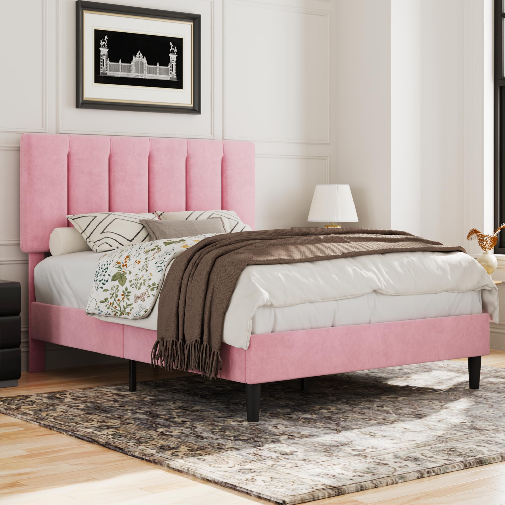 VECELO Queen Size Bed Frame with Upholstered Headboard, Heavy-Duty Platform Bedframe with Strong Wooden Slats Support, No Boxing Spring Needed, Cherry Pink Image