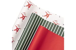 Merry Market 3-pack Premium Matte Christmas Wrapping Paper, Minimal Holiday Gift Wrap, Santa, Solid Red and Green Stripe - 30” x 168” per roll, 105 square feet total.