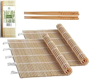 Bamboo Sushi Rolling Mat with 2 Pairs of Chopsticks Natural Bamboo 9.5"x9.5" 2 PCS Sushi Making Kit