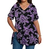 LARACE Women Plus Size Summer Tops Cuffed Short Sleeve Women's V Neck Tunics T-Shirts Blouses Clothes to Wear with Leggings