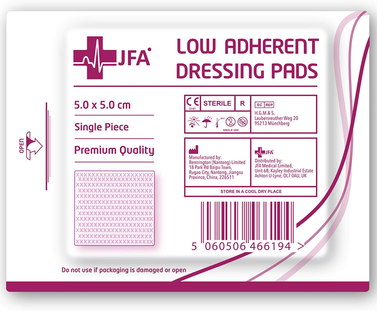 JFA Medical Low Adherent Sterile Absorbent Wound Dressing Pad 5cm x 5cm - Pack of 100, 100 Count (Pack of 1) - Image 3