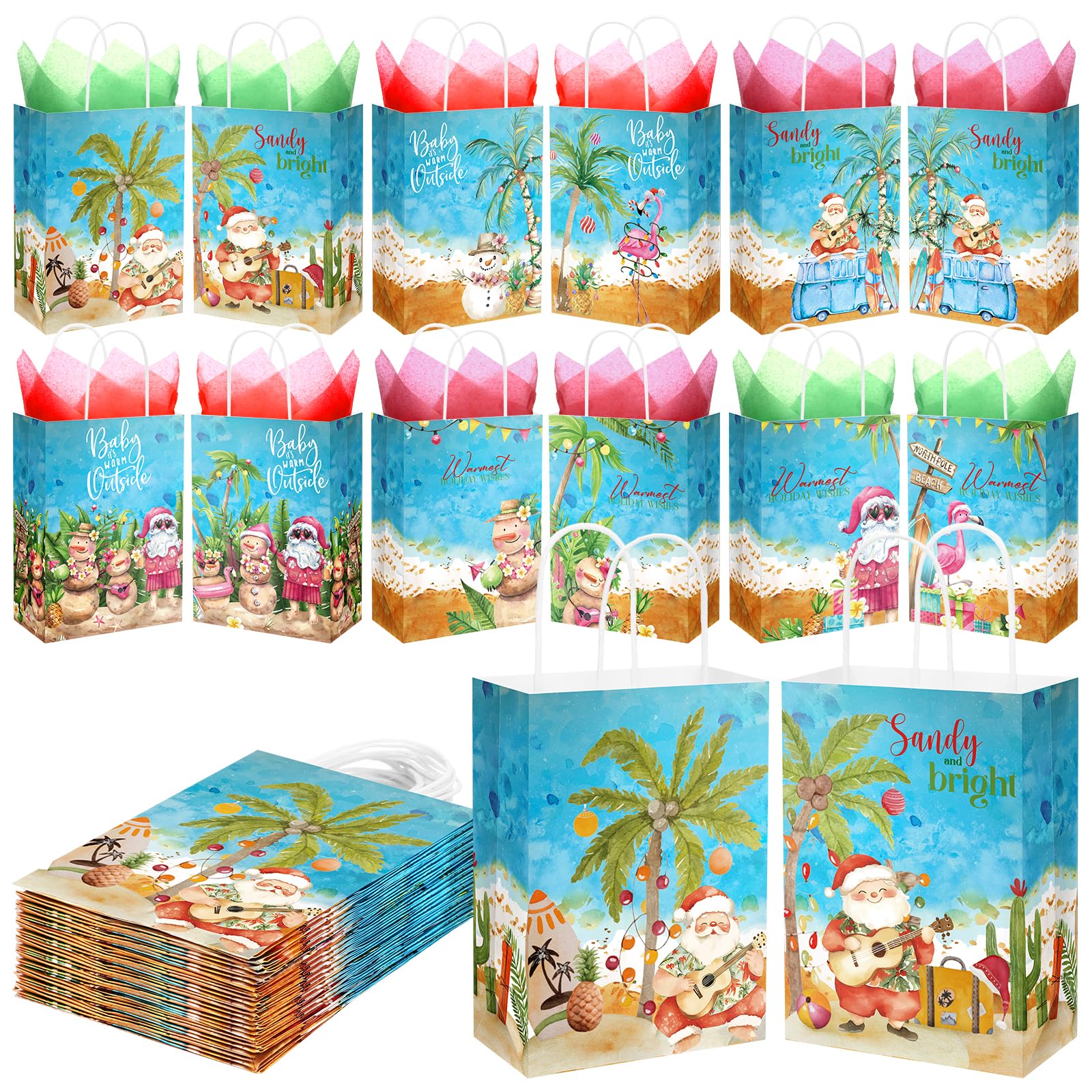 Photo 1 of ****Factory Seal****
Sinload Sets Summer Christmas Party Gift Bags with Tissue Paper Xmas in July Santa Tropical Goodie Bags with Handle Christmas Treat Tote Hawaiian Flamingo for Beach Pool Birthday Party Decoration