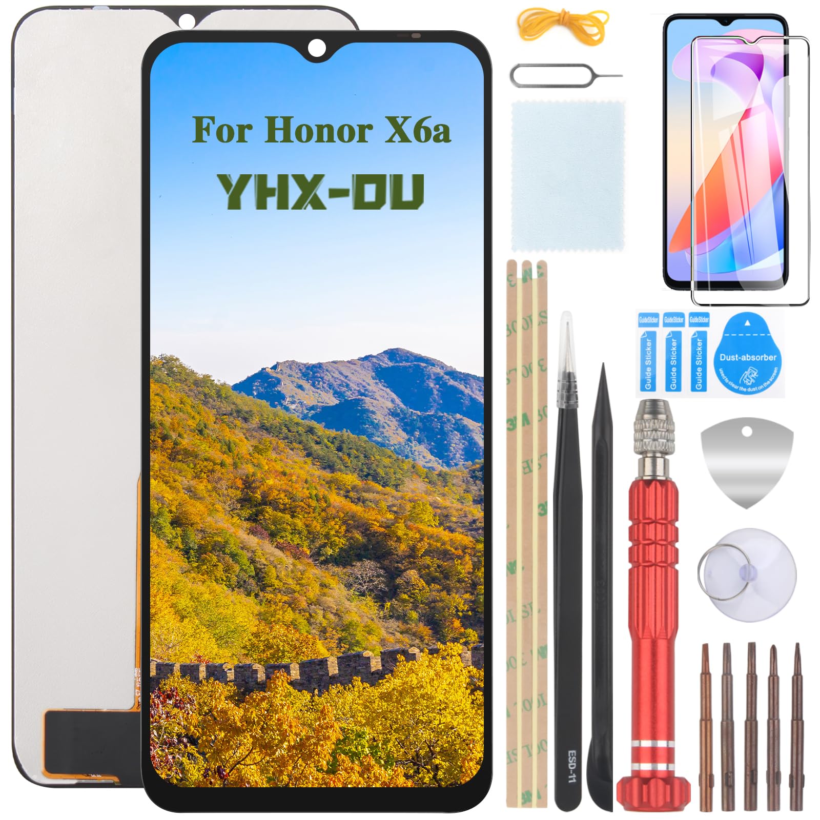 YHX-OU 6.56 Inch Black Display for Honor X6a WDY-LX1, WDY-LX2 LCD Display Touch Screen Replacement Screen LCD Glass Assembly Digitizer + 1 Piece Screen Protector + Tools