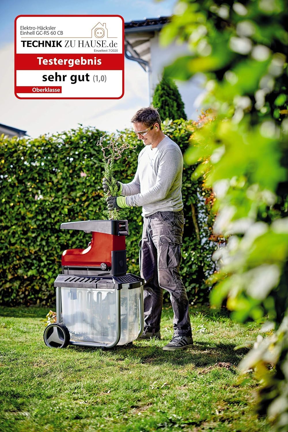 Einhell Elektro-Leisehäcksler GC-RS 60 CB (2800 W, max. 45 mm Aststärke, Schneidwalze, große Trichteröffnung, Drehrichtungsumschalter, transparente 60 L Fangbox, integrierter Sicherheitsschalter) 2