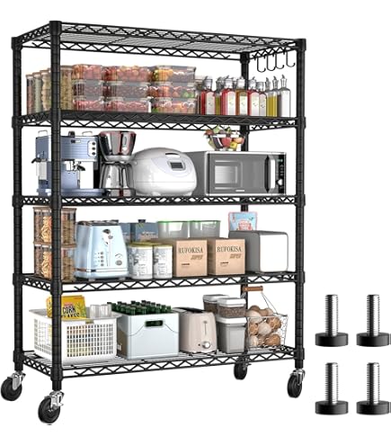 Prime Étagère En Fil Métallique Robuste à 5 Niveaux Pour Usage Commercial, école, Maison, Garage, Entrepôt, Industriel Et Hôpital (avec Roulettes) Noir 152,4 X 61 X 182,9 Cm