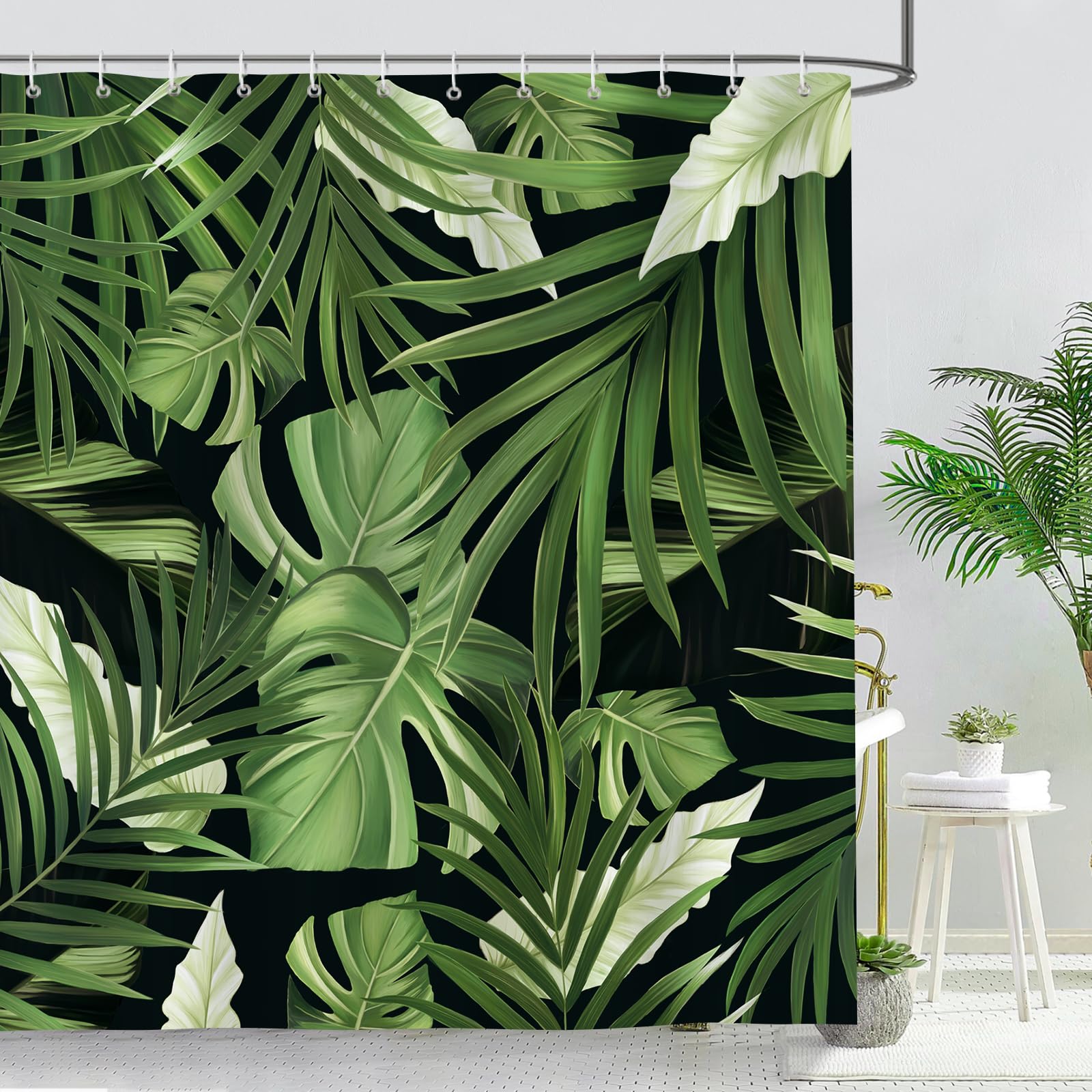 Bonhause Tropical Leaves Shower Curtain Green Palm Leaf Plant Bathroom Curtain 180 x 180 cm Waterproof Mildew & Mould Resistant Polyester Fabric Bath Curtain with 12 Hooks