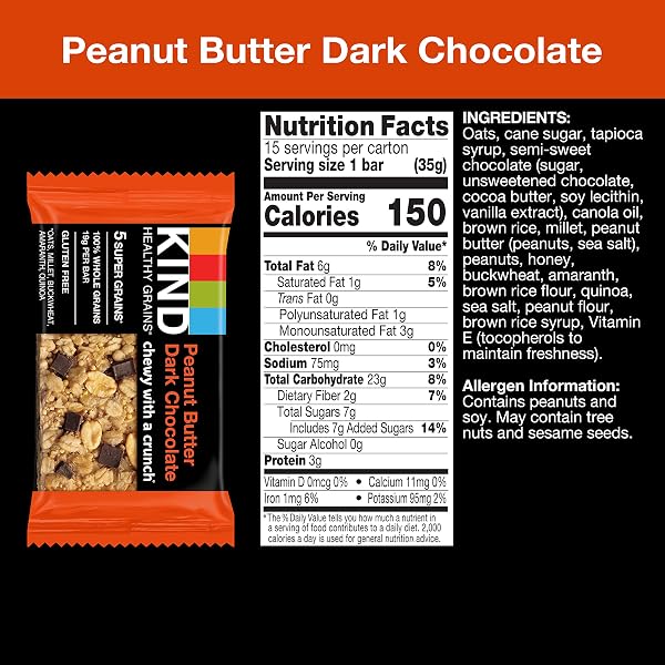 KIND HEALTHY GRAINS BARS, PEANUT BUTTER DARK CHOCOLATE, 1.2 OUNCE, 60 COUNT, GLUTEN FREE