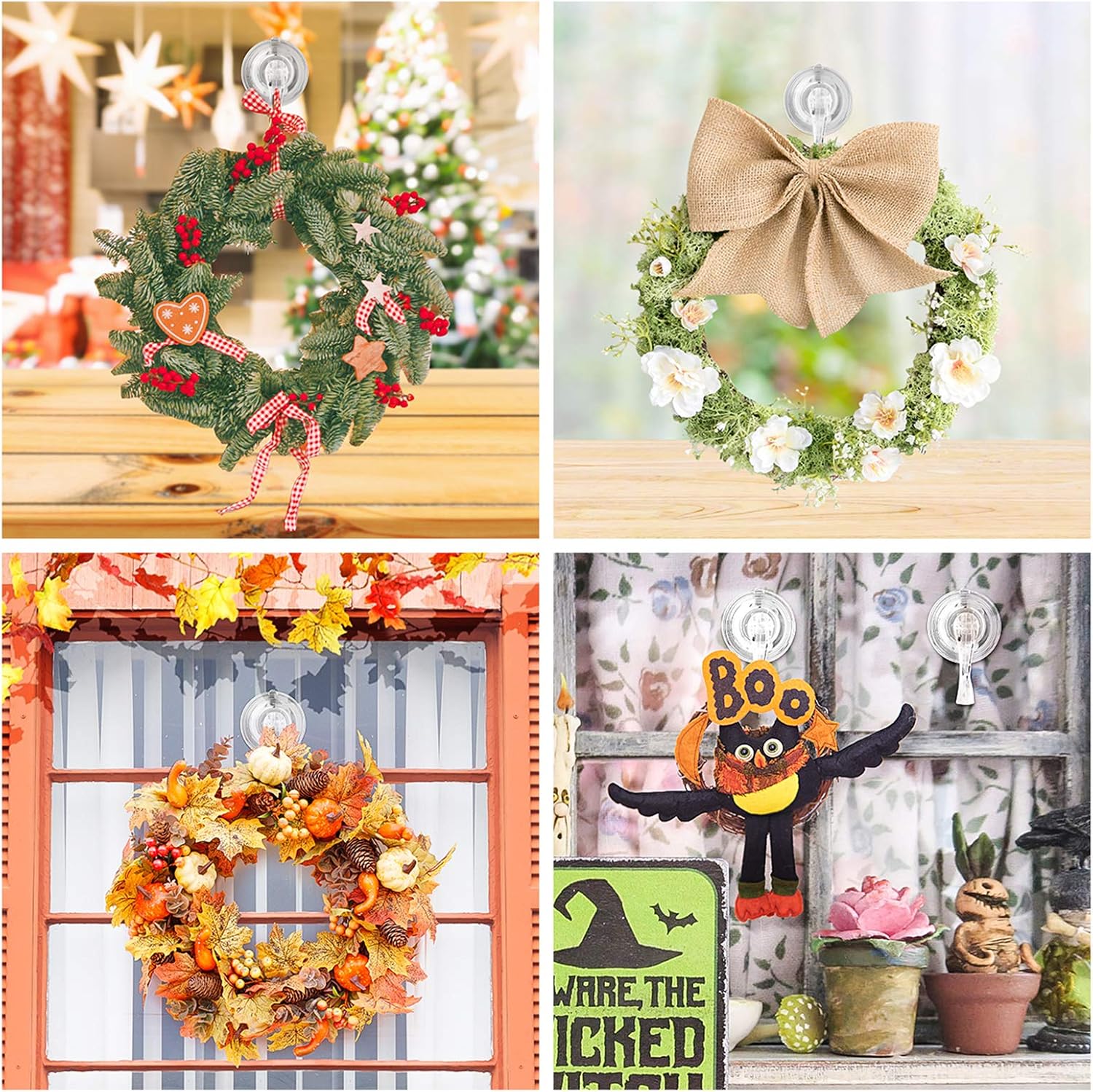 VIS'V Wreath Hanger, Large Clear Reusable Heavy Duty Wreath Hanger Suction Cup with Wipes 22 LB Strong Window Glass Suction Cup Hooks Wreath Holder for Halloween Christmas Wreath Decorations - 2 Packs: Home & Kitchen