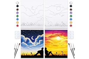 Nuberlic 2 Pack 12x16 Pre Drawn Canvas for Painting for Adults Sip and Paint Kit for Adult's Couple's Date Night Party Supplies Favors Valentine's Day Gift Sunset and Starry Night