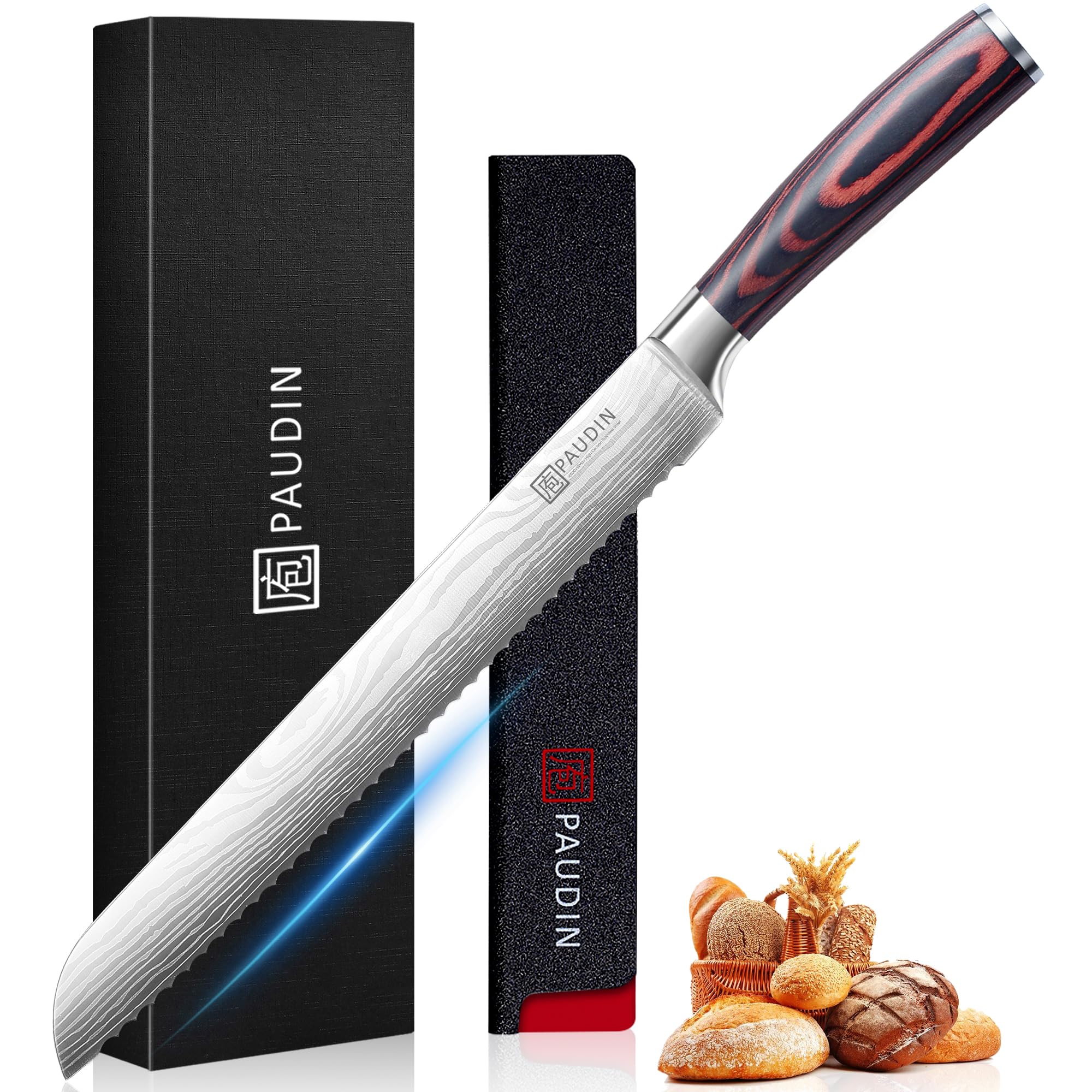 PAUDIN Brotmesser mit Wellenschliff 26 cm aus hochwertigem rostfreiem Edelstahl, extra scharfe Messerklinge mit ergonomischem Pakkaholzgriff