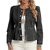 SweatyRocks Women's Button Down Short Denim Jacket Ruffle Crew Neck Peplum Jean Jacket Outwear