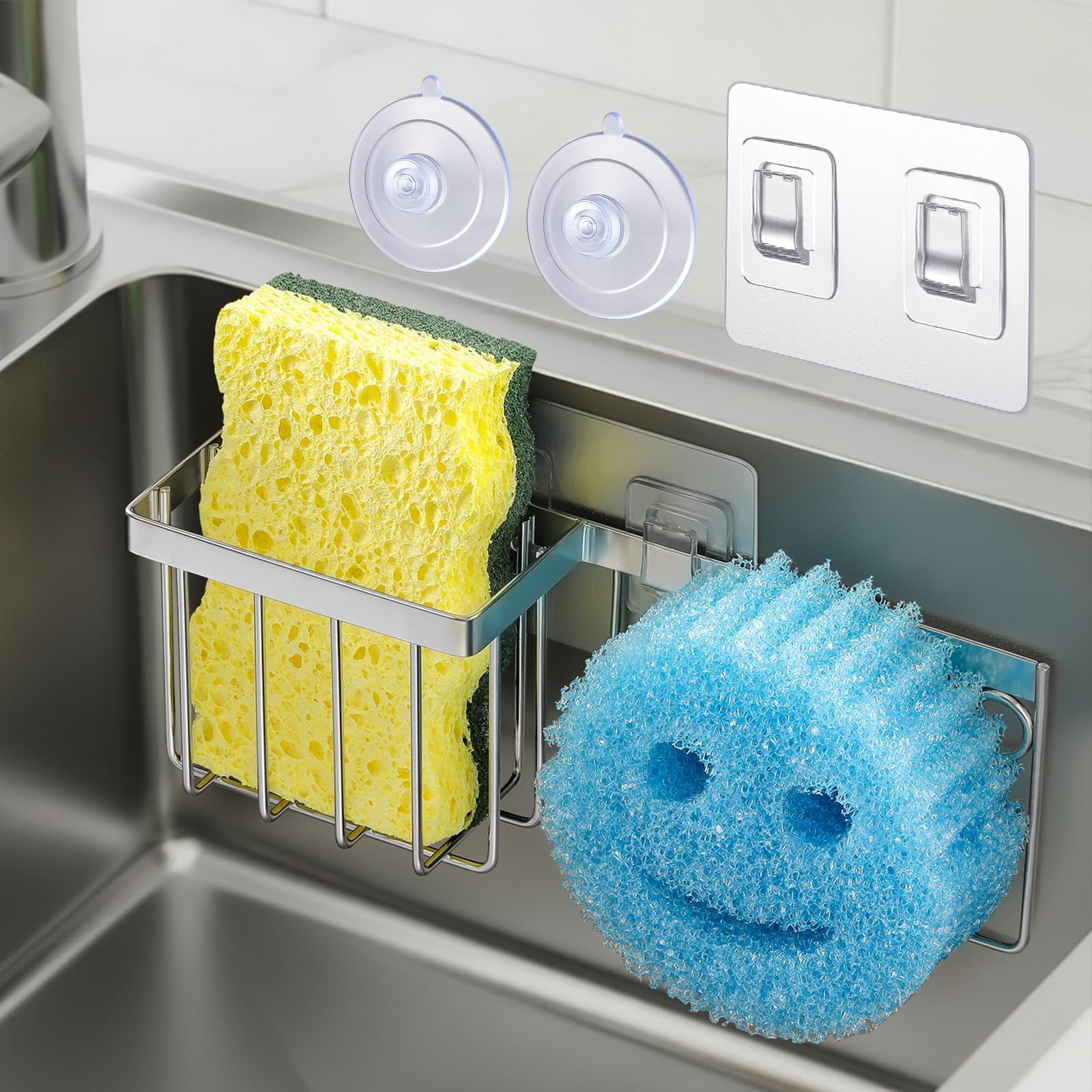 Photo 1 of [Space Saving] Sponge Holder for Kitchen Sink, Great for Scrub Daddy / Scrub Mommy Sponges, Rust-proof Sink Sponge Caddy Organizer for Dish Brush, Scrubber - 2 Mounting Options (Suction Cups & Hooks)