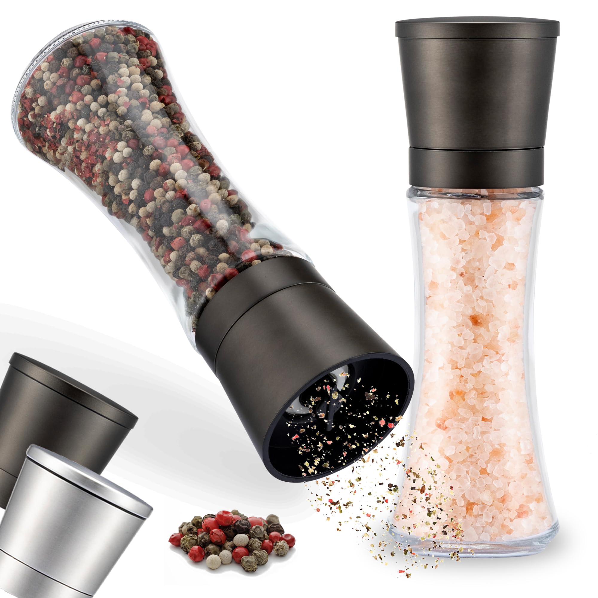 ZOLMER® Salt and Pepper Grinder Set of 2 with Adjustable Ceramic Grinder - Elegant Salt and Pepper Mill Made of Gunmetal Coloured Stainless Steel [Without Spice Content]