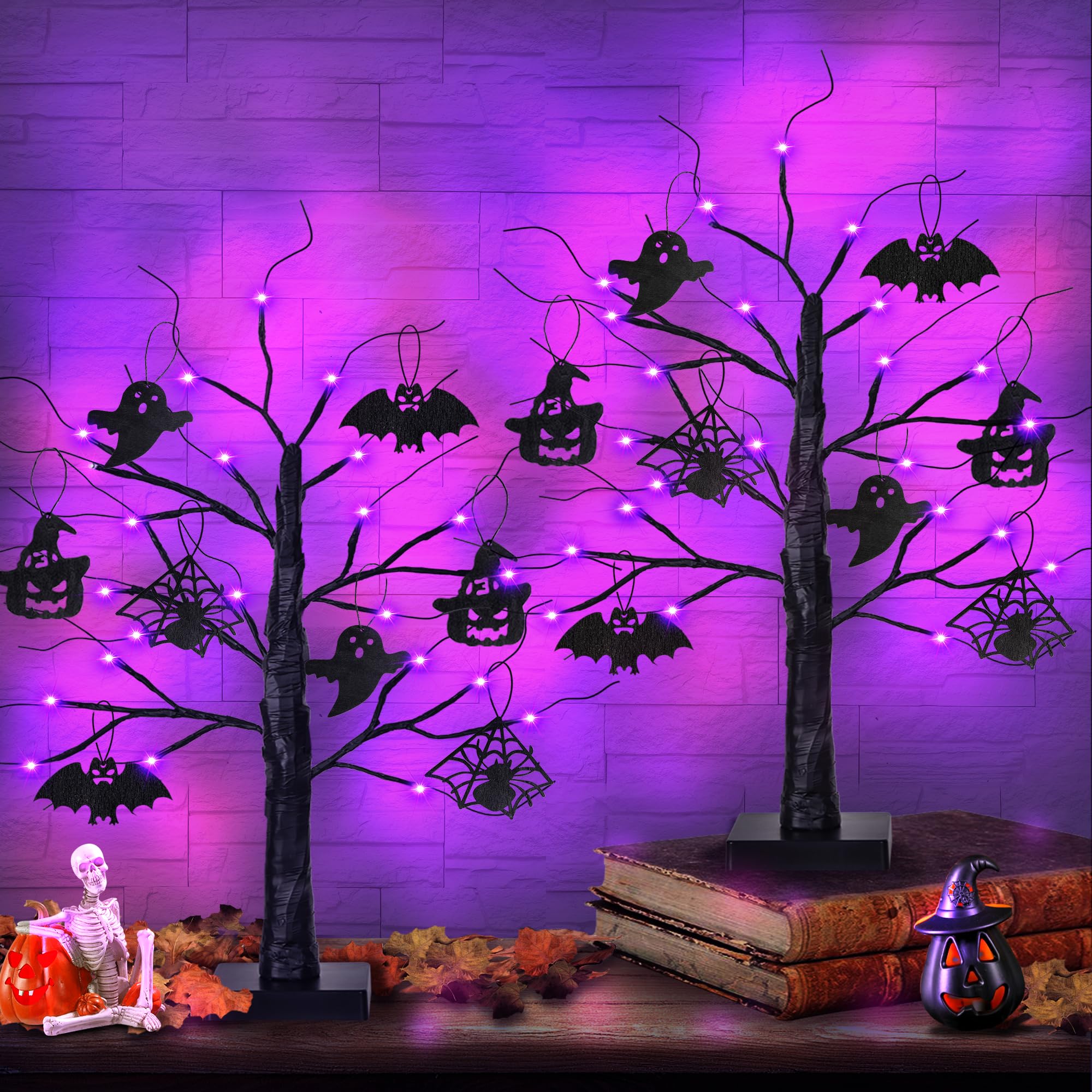 Photo 1 of 2 Pack 24 Inch Black Halloween Tree with 24 LED Purple Lights, Timer/USB/Battery Operated Halloween Table Decorations Lighted Tree, Cute Halloween Decorations Indoor Home Decor Party Room