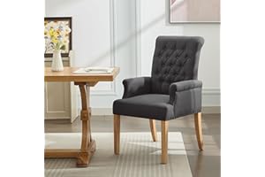 WUTUTUEE Fabric Dining Chair with Arms, Upholstered Tufted High Back Dining Room Chairs, Accent Armchair with Solid Wood Leg and Nailhead Trim, Kitchen Dining Living Room, Dark Grey