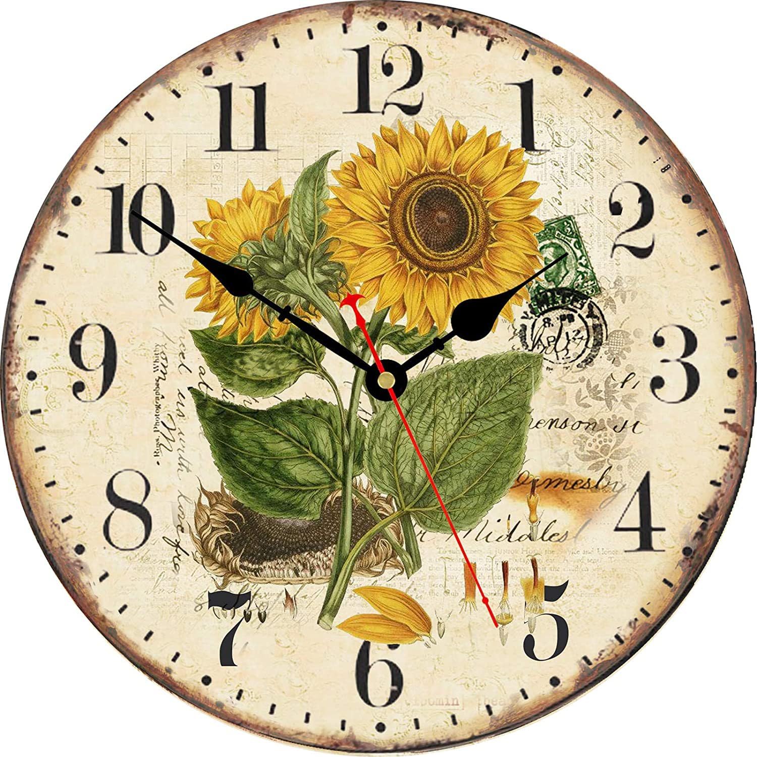 TAHEAT Summer Sunflower Wall Clock, Vintage Shabby Chic Unusual Kitchen Clocks, Silent Non Ticking Decorative Wall Clocks for Living Room Bedroom Bathroom, 12 Inch