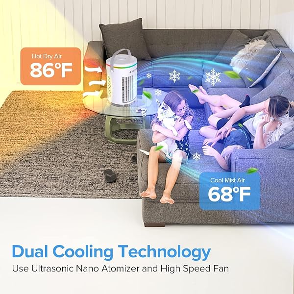 MINI EVAPORATIVE AIR COOLER,3-IN-1 PORTABLE SMALL AIR CONDITIONER AC UNIT WITH 1400ML WATER TANK,POWERFUL 3 SPEEDS 7 COLORS LED PERSONAL AIR CONDITIONER WI/TIMER(WHITE)