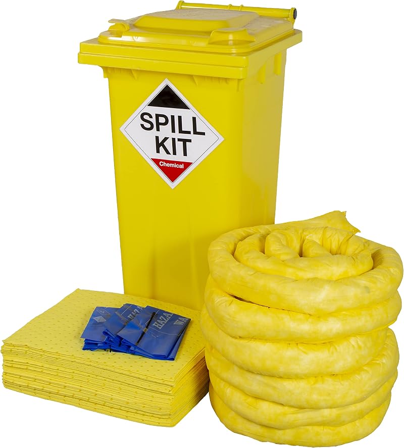 120L Chemical Spill Kit Wheeled Bin Absorbent Socks Pads Workplace Safety