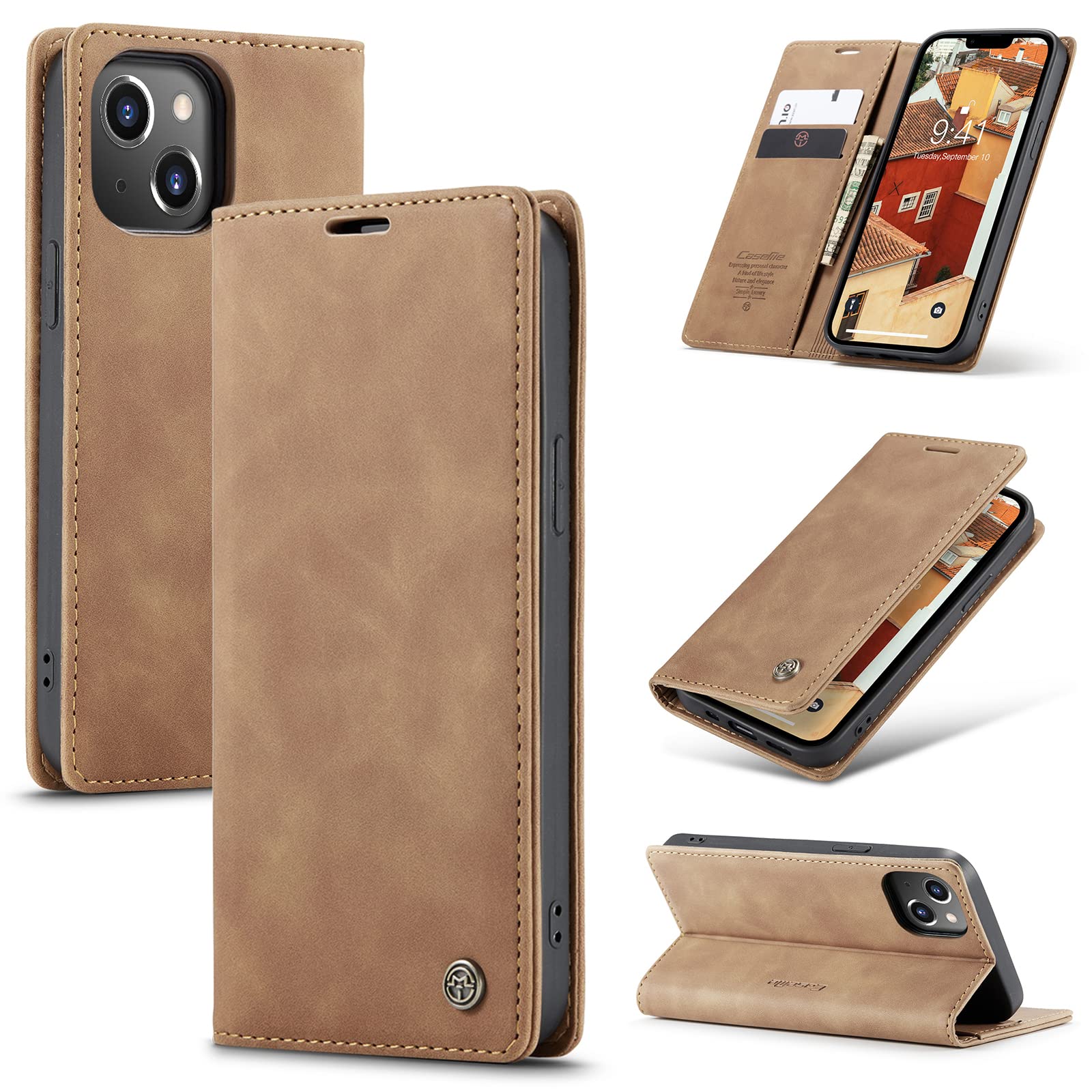 UFinetech Case for iPhone 14, Shockproof Anti-scratch Cover Compatible with iPhone 14 (6.1”), Leather TPU Slim Soft Flip Folio Magnetic Closure Kickstand Card Holder Wallet Camera Protector, Brown