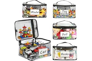 Wonninek Extra Large Toy Storage Bags with Zippers & Labels 12"x9"x7", TPU Thickened Toy Storage Bag Reusable, 4 Packs Travel