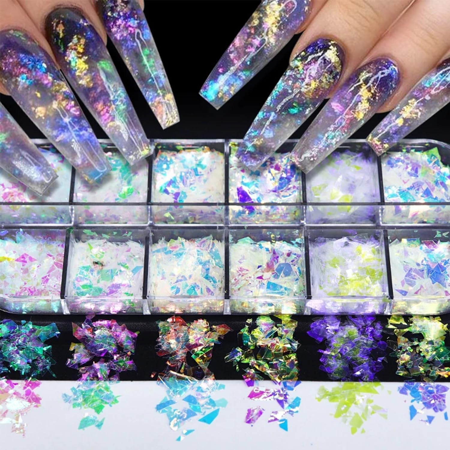 Photo 1 of 12 Colors Holographic Glitter Nail Art Sequins Aurora Iridescent Nail Flakes Glitter Chameleon Flakes Irregular Ice Slag Glass Paper Ultra Thin Mermaid Nail Glitter for Nail Art Make-up DIY Decoration