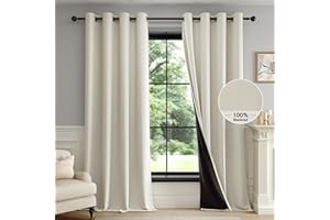FMFUNCTEX 100% Beige Blackout Curtains for Bedroom, Cream Weave Textured Curtains 84 Inches Long Thermal Insulated Curtains for Living Room, Farmhouse Drapes Grommet Room Darkening 2 Panels