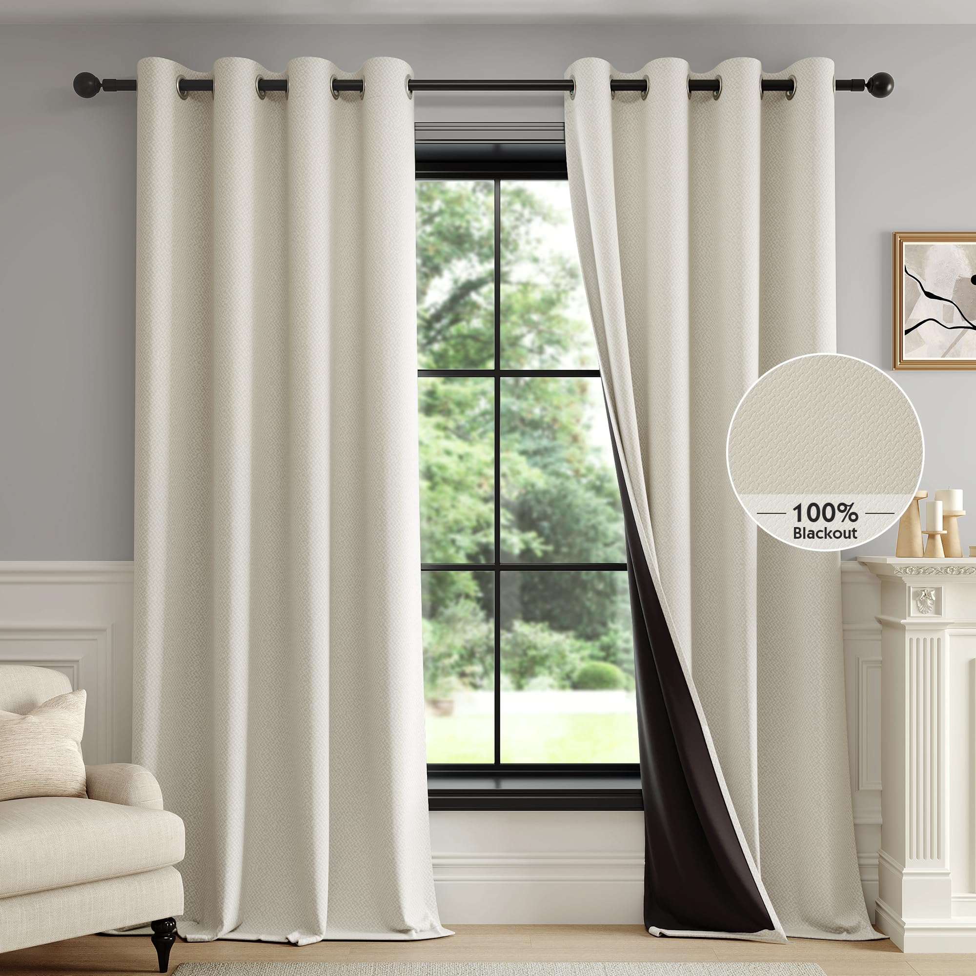 Photo 1 of FMFUNCTEX 100% Beige Blackout Curtains for Living Room, Linen Textured Cream Geometric Weave Curtains 96 Inches Long Thermal Insulated Curtains Bedroom, Farmhouse Drapes Grommet 2 Panels