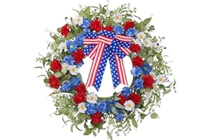 AILANDA 4th of July Patriotic American Wreath for Front Door, Patriotic Decorations Red White and Blue Flower Wreath Artificial Floral Wreath with Bow for Home Kitchen Party Window Door Decor (22'')