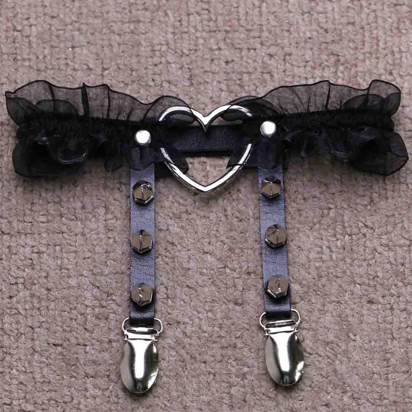 2PCs Adjustable Lace Heart Thigh Garter with Anti-Slip Clasps, Elastic Leg Garter Belt for Women, Black/Pink